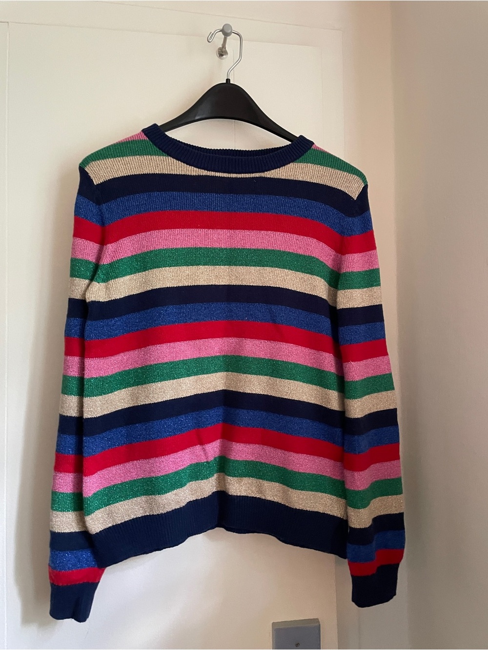 Like-new teen/tween Boden Metallic Striped Sweater, Gold, Navy, Pink, Red, Green
